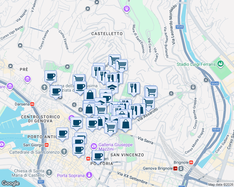 map of restaurants, bars, coffee shops, grocery stores, and more near 5 Corso Magenta in Genova