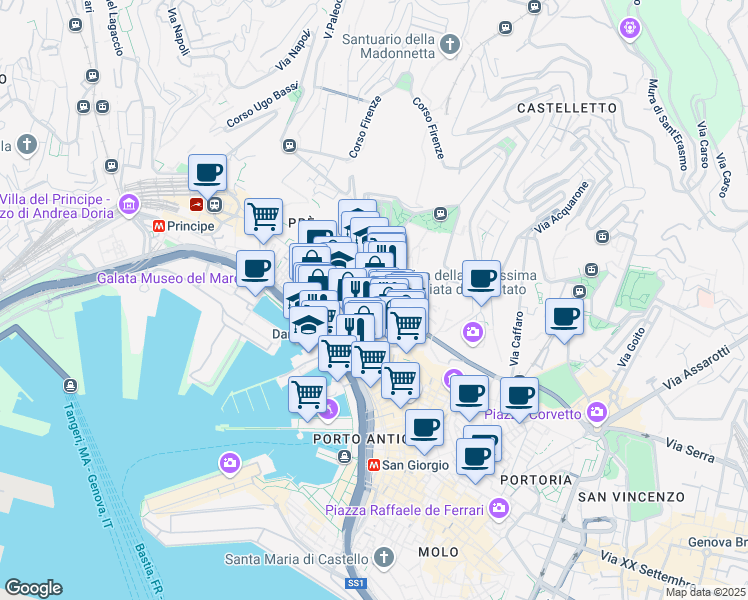 map of restaurants, bars, coffee shops, grocery stores, and more near Vico degli Adorno in Genova