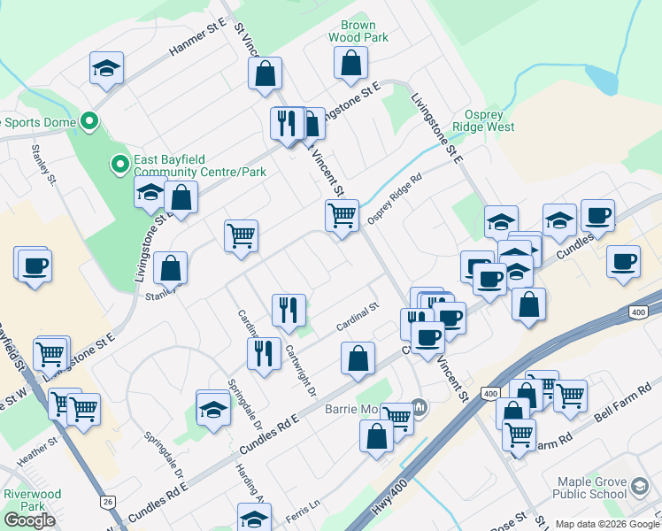 map of restaurants, bars, coffee shops, grocery stores, and more near 80 Hadden Crescent in Barrie