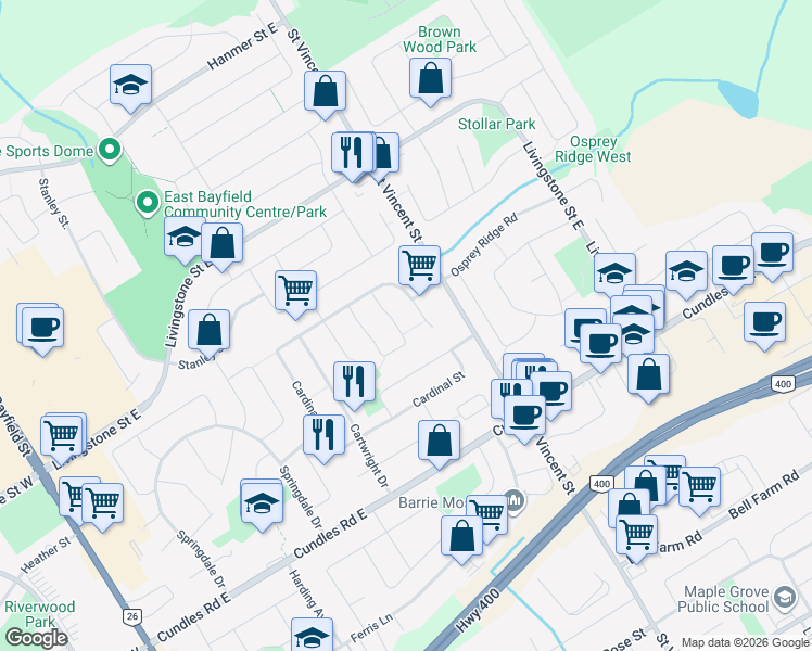 map of restaurants, bars, coffee shops, grocery stores, and more near 80 Hadden Crescent in Barrie