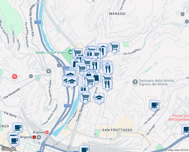 map of restaurants, bars, coffee shops, grocery stores, and more near 105 Corso Sardegna in Genoa