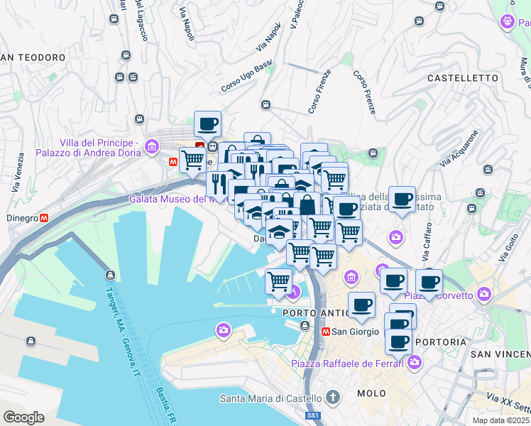map of restaurants, bars, coffee shops, grocery stores, and more near 80 Calata Simone Vignoso in Genova