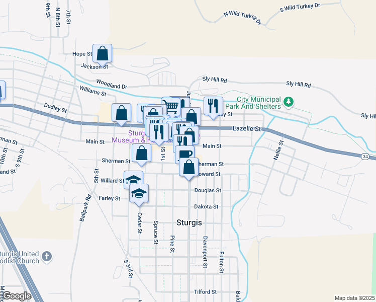 map of restaurants, bars, coffee shops, grocery stores, and more near 1000 Main Street in Sturgis
