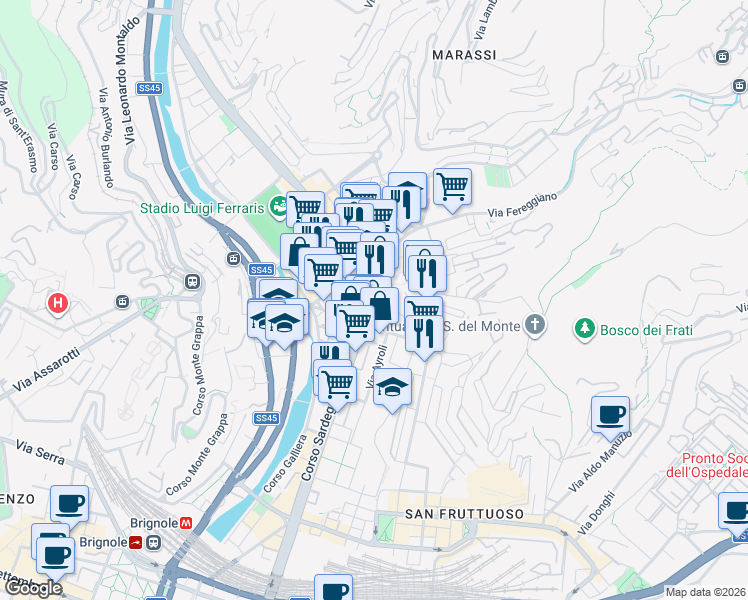 map of restaurants, bars, coffee shops, grocery stores, and more near 105 Corso Sardegna in Genoa