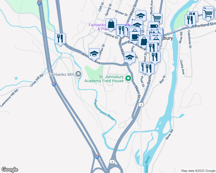 map of restaurants, bars, coffee shops, grocery stores, and more near 205 Barker Avenue in Saint Johnsbury