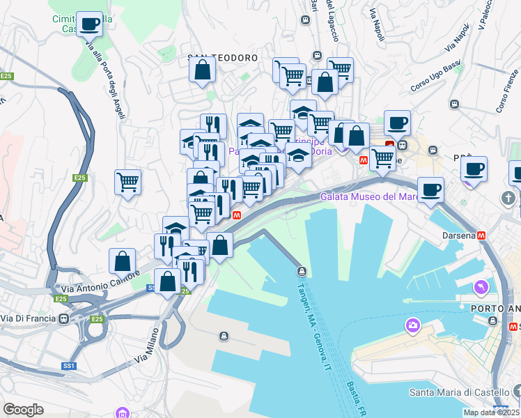 map of restaurants, bars, coffee shops, grocery stores, and more near 8629 Via Bruno Buozzi in Genova