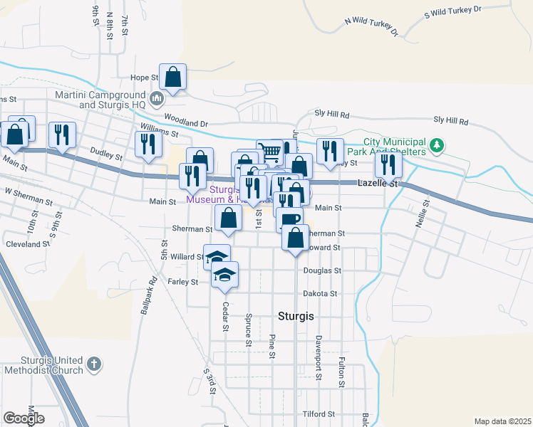 map of restaurants, bars, coffee shops, grocery stores, and more near in Sturgis