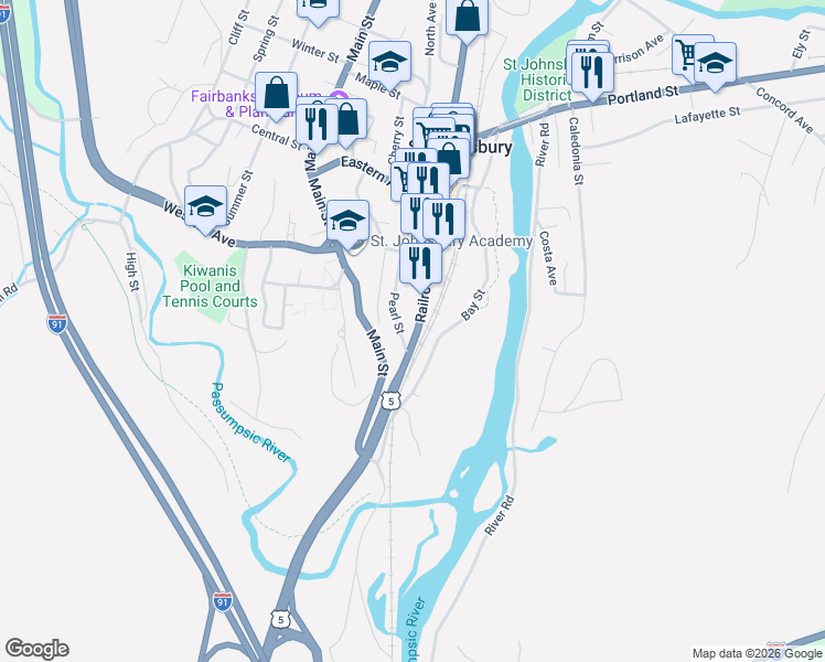map of restaurants, bars, coffee shops, grocery stores, and more near 590 Bay Street in Saint Johnsbury