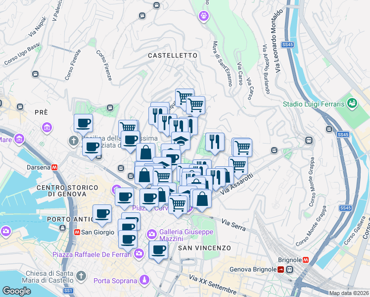 map of restaurants, bars, coffee shops, grocery stores, and more near 5 Corso Magenta in Genoa