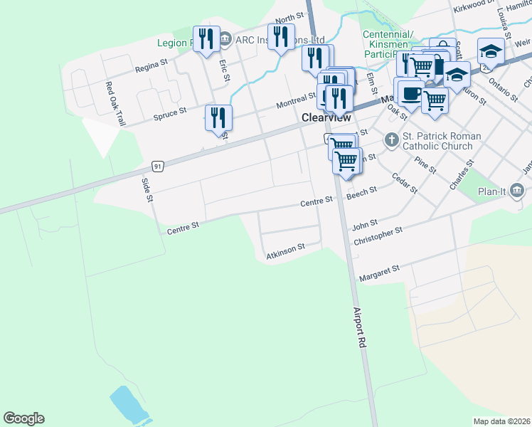 map of restaurants, bars, coffee shops, grocery stores, and more near 228 Centre Street in Stayner