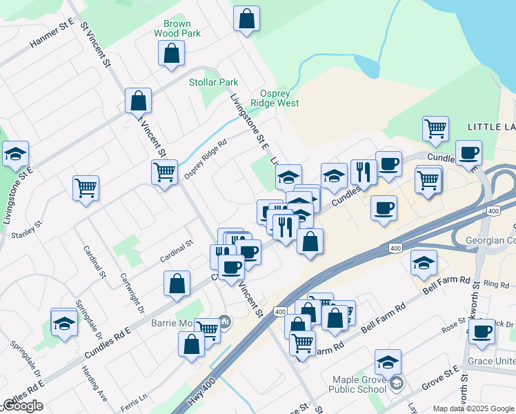 map of restaurants, bars, coffee shops, grocery stores, and more near 44 Golden Eagle Way in Barrie
