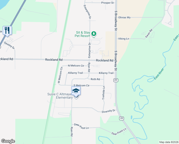 map of restaurants, bars, coffee shops, grocery stores, and more near 2128 Ryan Road in De Pere