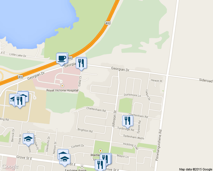 map of restaurants, bars, coffee shops, grocery stores, and more near 53 Dunsmore Lane in Barrie