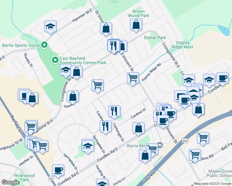 map of restaurants, bars, coffee shops, grocery stores, and more near 24 Hadden Crescent in Barrie