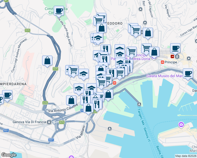 map of restaurants, bars, coffee shops, grocery stores, and more near 41 Salita degli Angeli in Genova