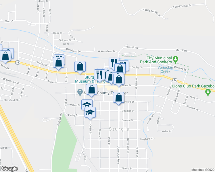 map of restaurants, bars, coffee shops, grocery stores, and more near 1060 Main Street in Sturgis