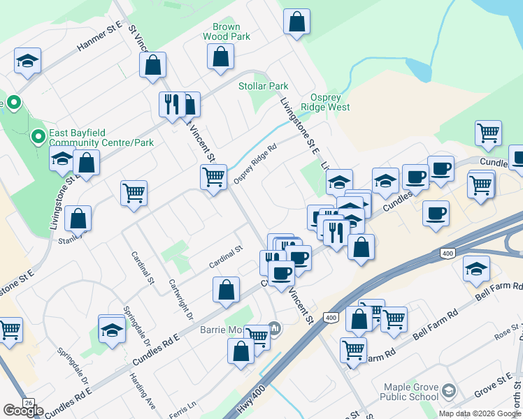 map of restaurants, bars, coffee shops, grocery stores, and more near 31 Peregrine Road in Barrie