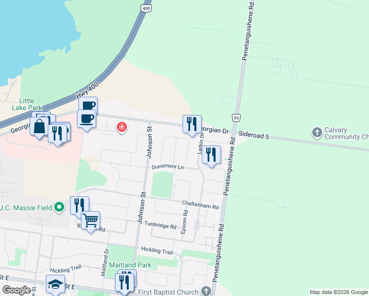 map of restaurants, bars, coffee shops, grocery stores, and more near 75 Ambler Bay in Barrie