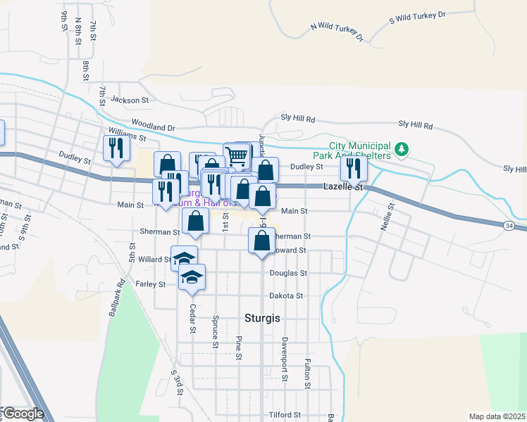 map of restaurants, bars, coffee shops, grocery stores, and more near 1000 Main Street in Sturgis