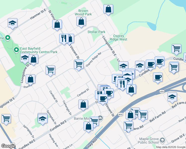 map of restaurants, bars, coffee shops, grocery stores, and more near Peregrine Road in Barrie