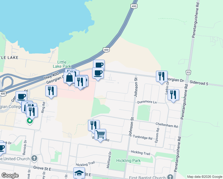 map of restaurants, bars, coffee shops, grocery stores, and more near 83 Dunsmore Lane in Barrie