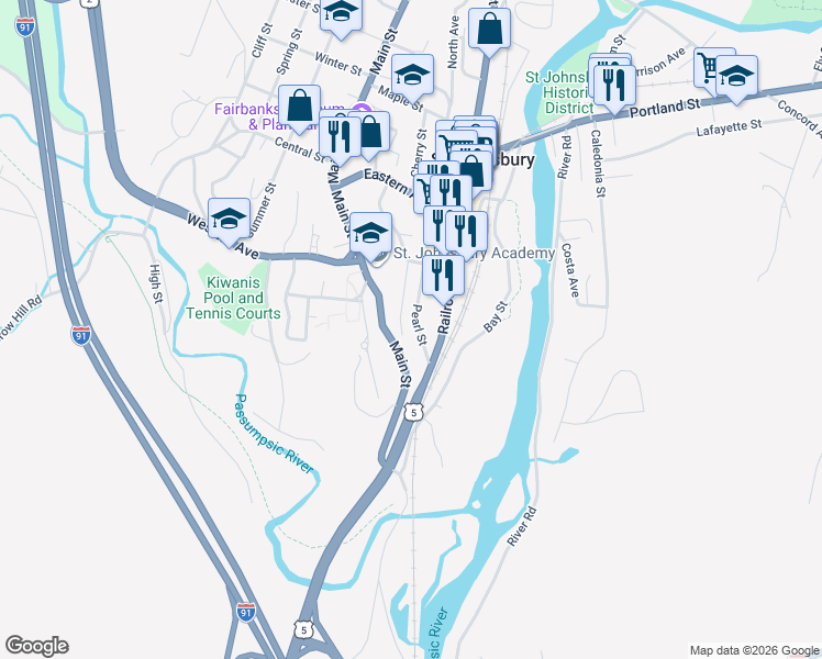 map of restaurants, bars, coffee shops, grocery stores, and more near 111 Pearl Street in Saint Johnsbury
