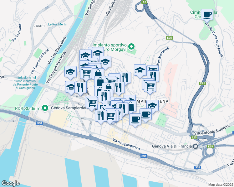 map of restaurants, bars, coffee shops, grocery stores, and more near 18 Via Giovanni Battista Sasso in Genoa