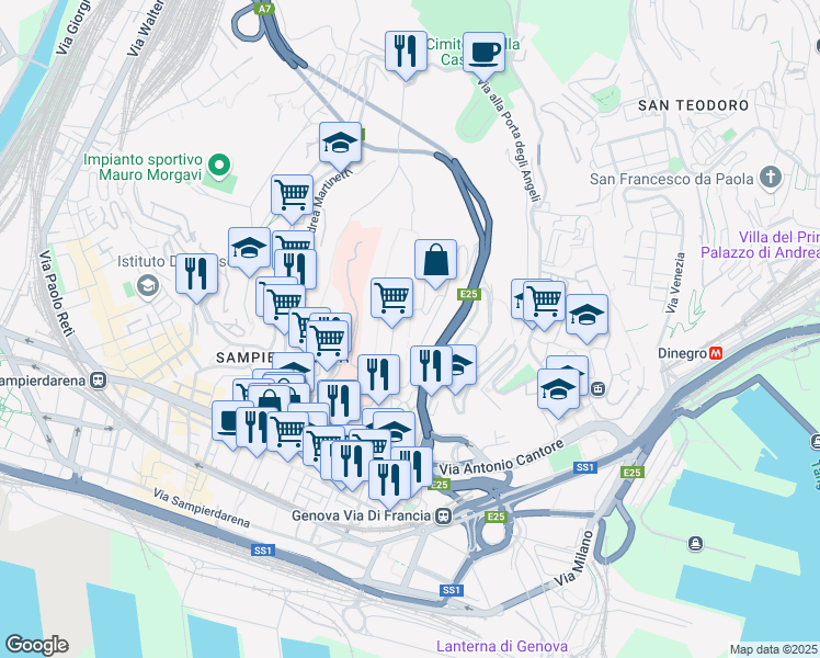 map of restaurants, bars, coffee shops, grocery stores, and more near 95 Via Bartolomeo Carrea in Genova
