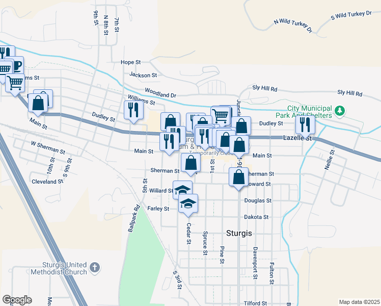 map of restaurants, bars, coffee shops, grocery stores, and more near 1233 Main Street in Sturgis