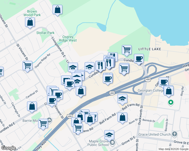 map of restaurants, bars, coffee shops, grocery stores, and more near 4 Pacific Avenue in Barrie