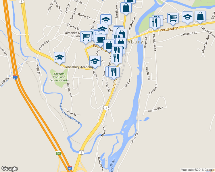 map of restaurants, bars, coffee shops, grocery stores, and more near 74 Pearl St in St Johnsbury