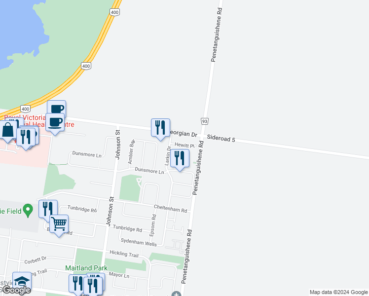 map of restaurants, bars, coffee shops, grocery stores, and more near 17 Hewitt Place in Barrie