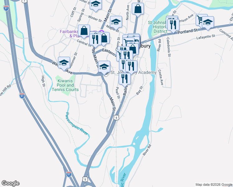 map of restaurants, bars, coffee shops, grocery stores, and more near 77 Pearl Street in Saint Johnsbury