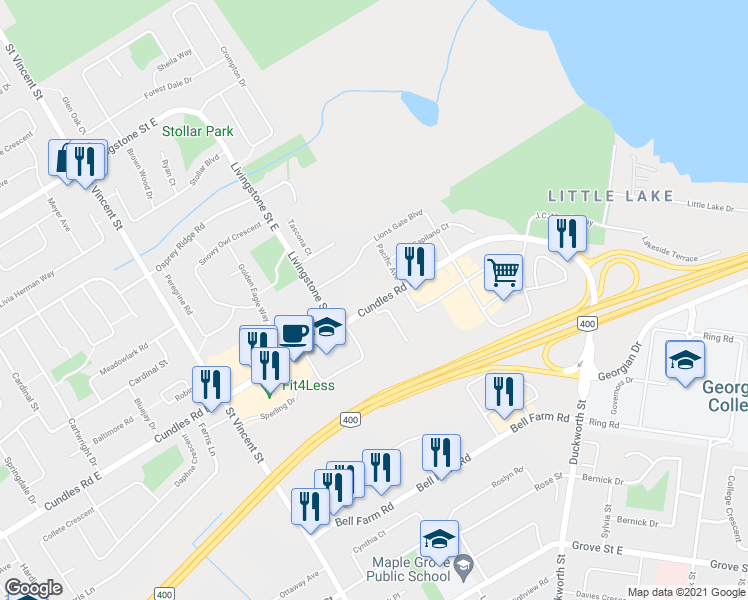 map of restaurants, bars, coffee shops, grocery stores, and more near 290 Cundles Road East in Barrie
