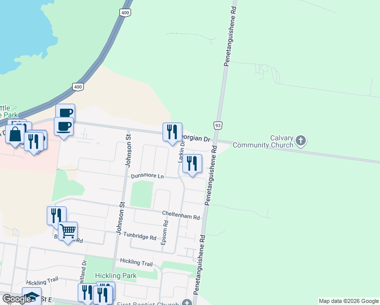 map of restaurants, bars, coffee shops, grocery stores, and more near 2 Aconley Court in Barrie
