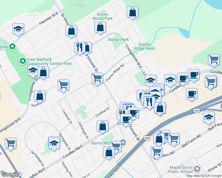map of restaurants, bars, coffee shops, grocery stores, and more near 18 Peregrine Road in Barrie