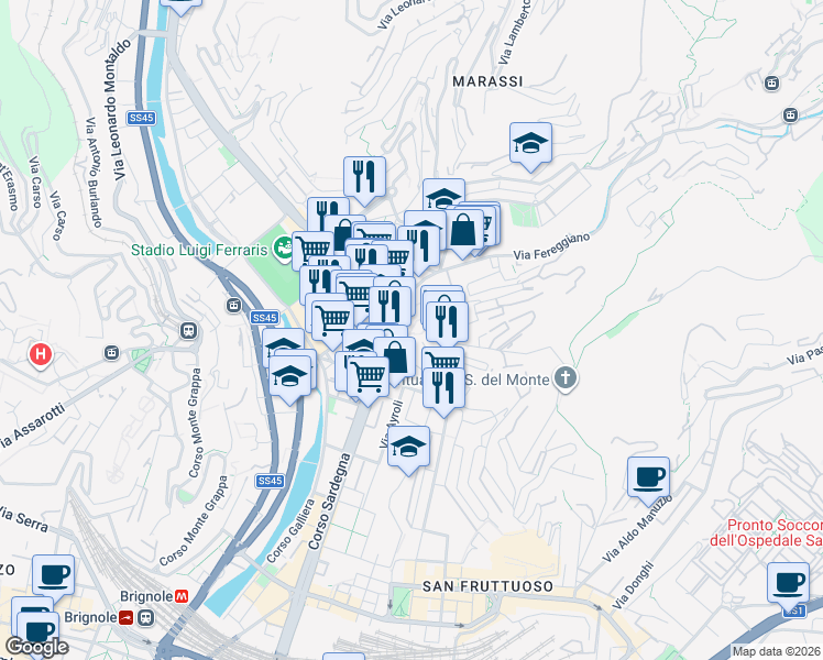 map of restaurants, bars, coffee shops, grocery stores, and more near 53 Via Fereggiano in Genoa
