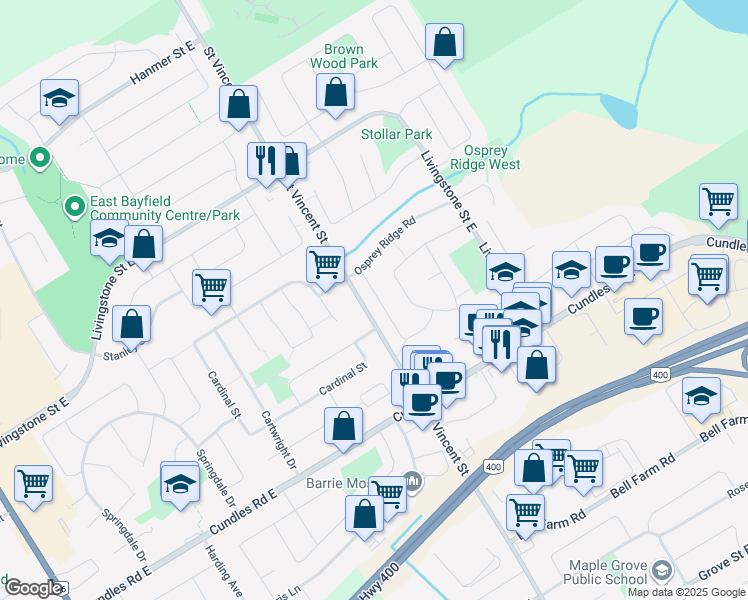 map of restaurants, bars, coffee shops, grocery stores, and more near 18 Peregrine Road in Barrie