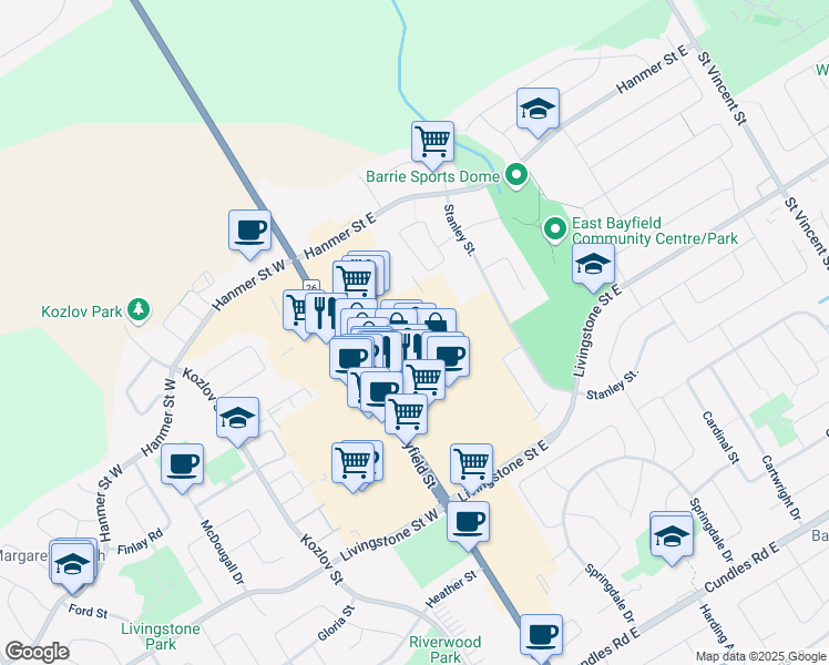 map of restaurants, bars, coffee shops, grocery stores, and more near 521 Bayfield Street in Barrie