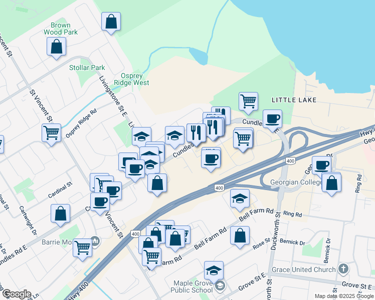 map of restaurants, bars, coffee shops, grocery stores, and more near 4 Pacific Avenue in Barrie