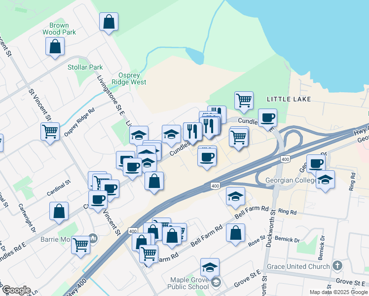 map of restaurants, bars, coffee shops, grocery stores, and more near 4 Pacific Avenue in Barrie