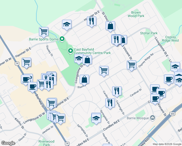 map of restaurants, bars, coffee shops, grocery stores, and more near 314 Stanley Street in Barrie