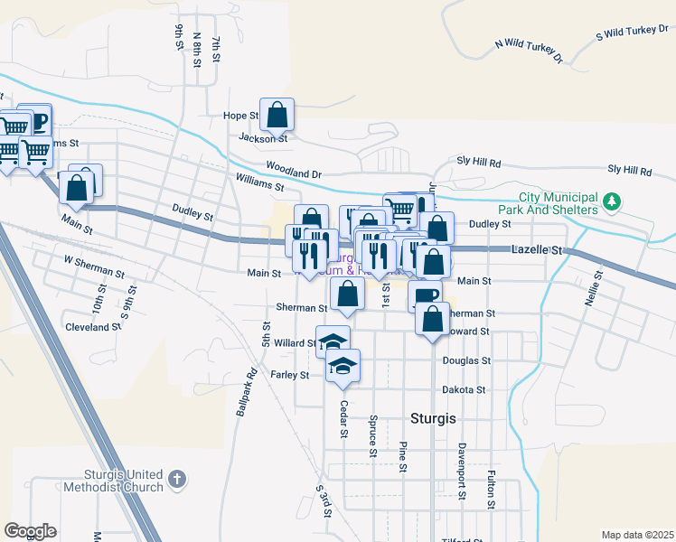 map of restaurants, bars, coffee shops, grocery stores, and more near 1233 Main Street in Sturgis