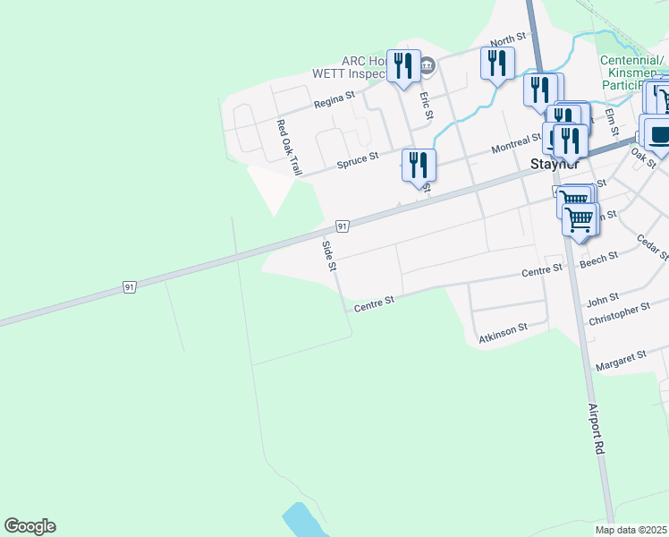 map of restaurants, bars, coffee shops, grocery stores, and more near 338 Quebec Street in Stayner