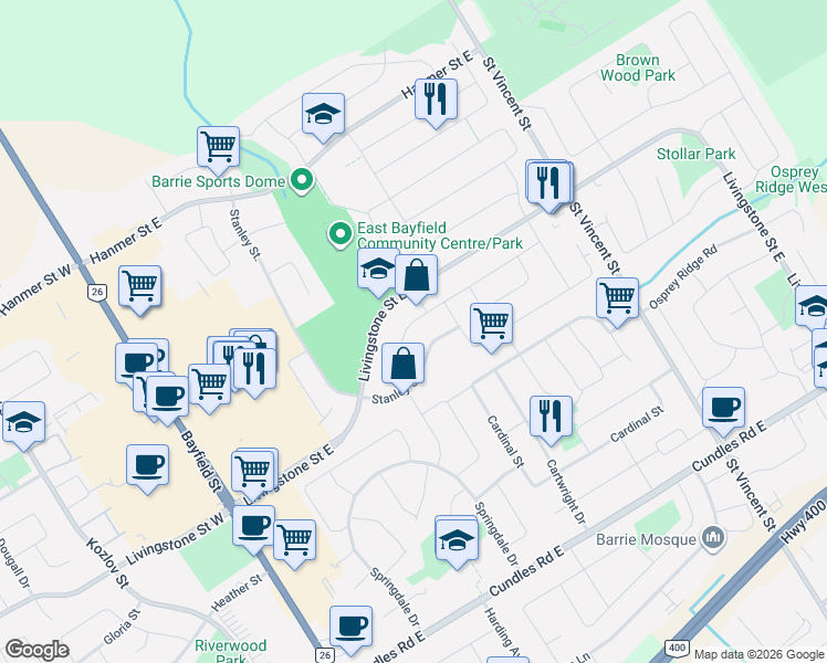 map of restaurants, bars, coffee shops, grocery stores, and more near 67 Birchwood Drive in Barrie