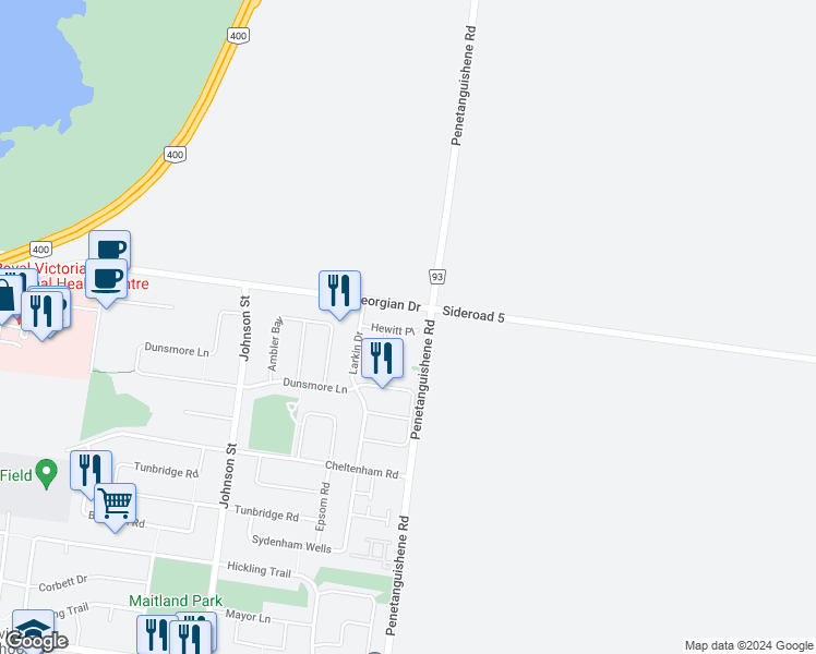 map of restaurants, bars, coffee shops, grocery stores, and more near 22 Hewitt Place in Barrie