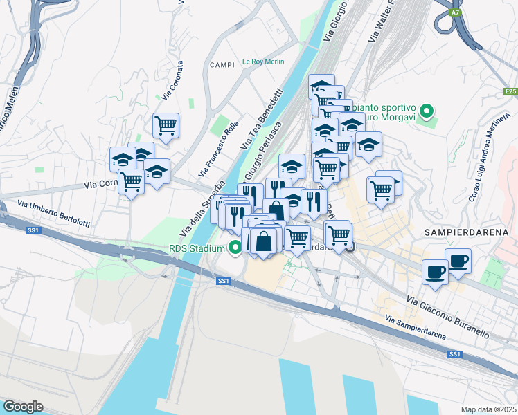 map of restaurants, bars, coffee shops, grocery stores, and more near 39 Via Raffaele Pieragostini in Genova
