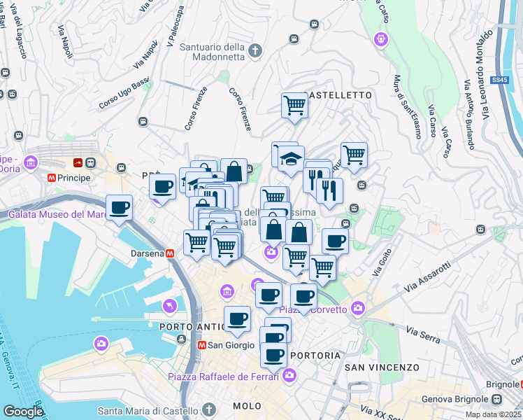 map of restaurants, bars, coffee shops, grocery stores, and more near 20 Corso Carbonara in Genoa
