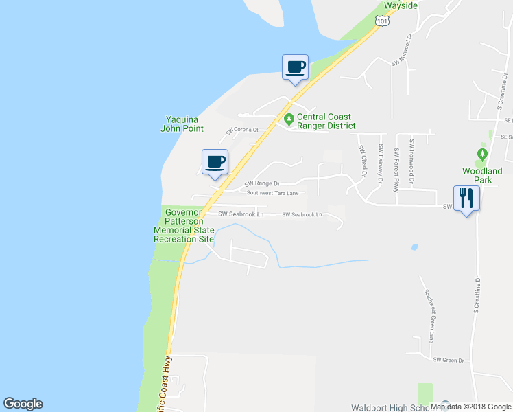 map of restaurants, bars, coffee shops, grocery stores, and more near 1601 Southwest Southmayd Way in Waldport