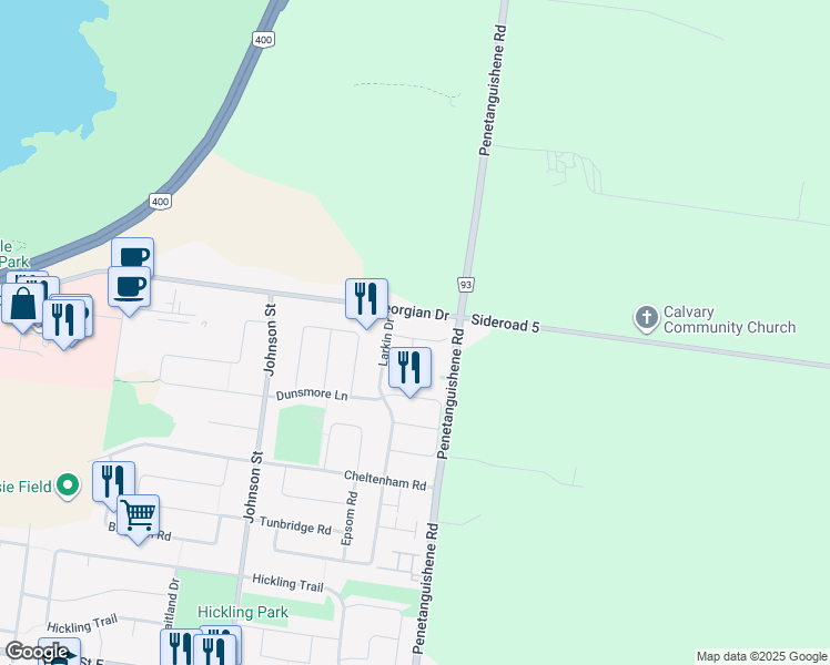 map of restaurants, bars, coffee shops, grocery stores, and more near 12 Hewitt Place in Barrie